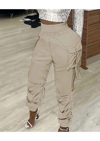Kadın Yüksek Bel Beli Lastikli Kargo Cep Detaylı Gabardin Pantolon modelleri
