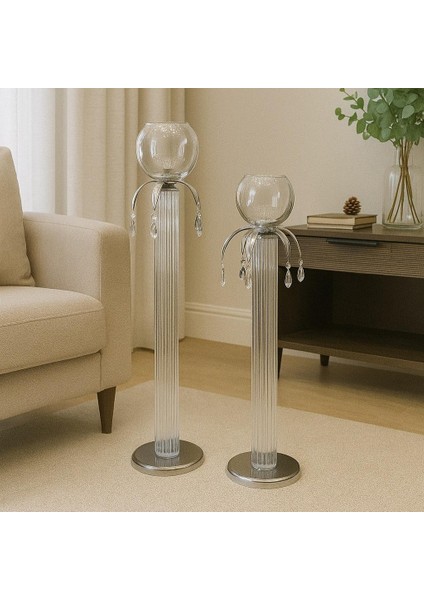 Dekoratif 2'li Boydan Camlı Yer Şamdanı - Gümüş