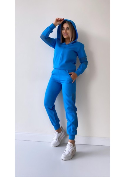 File Detaylı Kapüşonlu Eşofman Takımı Mavi