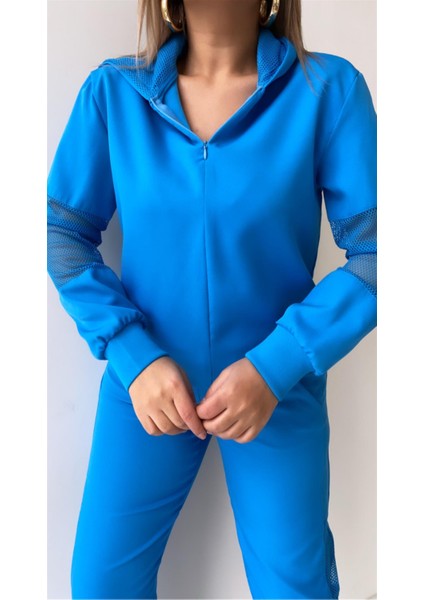 File Detaylı Kapüşonlu Eşofman Takımı Mavi modelleri