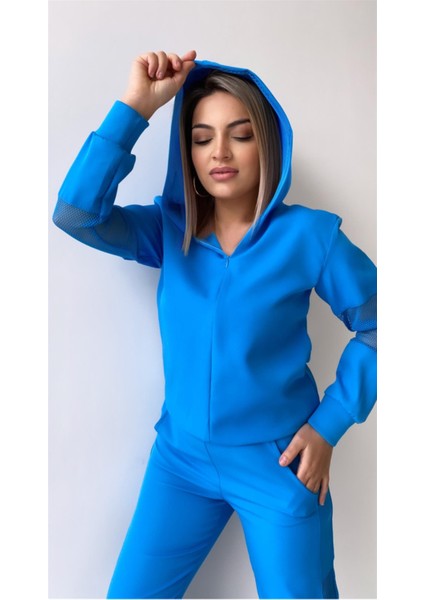 File Detaylı Kapüşonlu Eşofman Takımı Mavi fırsatları