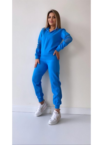 File Detaylı Kapüşonlu Eşofman Takımı Mavi indirimleri