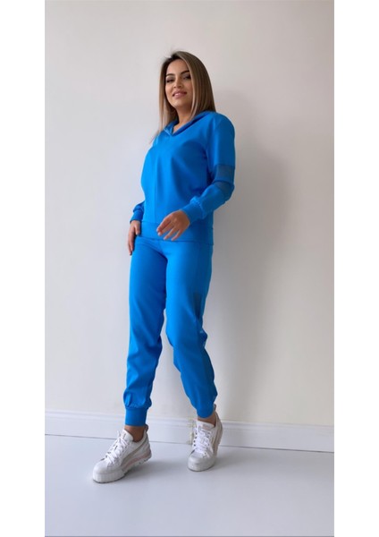 File Detaylı Kapüşonlu Eşofman Takımı Mavi