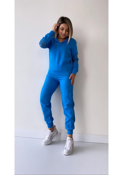 File Detaylı Kapüşonlu Eşofman Takımı Mavi