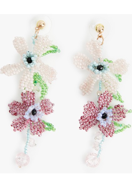 Büyük Boy Çok Renkli Sallantılı Boncuklu Çiçekli Küpe