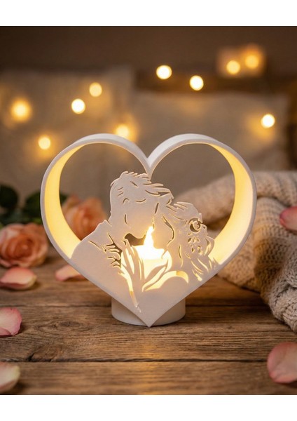 Sevgiliye Hediye Romantik Kalp Gece Lambası-Çift Figürlü 3D Tasarım LED Mum Dahil