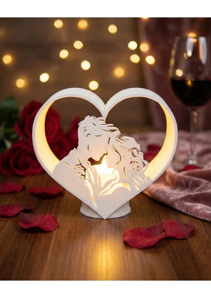 Sevgiliye Hediye Romantik Kalp Gece Lambası-Çift Figürlü 3D Tasarım LED Mum Dahil fiyatları