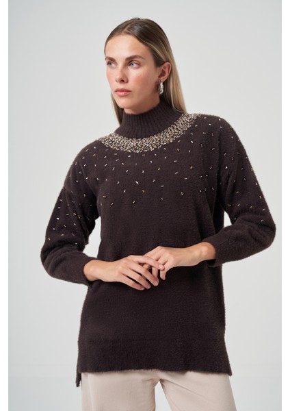 Boncuk Işlemeli Angora Kazak 7003 Acı Kahve