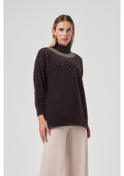 Boncuk Işlemeli Angora Kazak 7003 Acı Kahve indirimleri