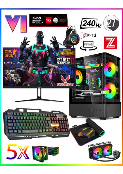 GTA-VI RX9XT ✔ Ryzen 5 7500F DDR5 32GB 5600MHZ Ram 1TB M.2 Nvme SSD 16GB GDDR6 RX9060XT 27" 240Hz Premium Oyuncu Bilgisayarı