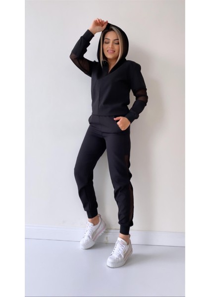 File Detaylı Kapüşonlu Eşofman Takımı Siyah