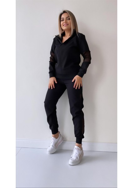 File Detaylı Kapüşonlu Eşofman Takımı Siyah modelleri