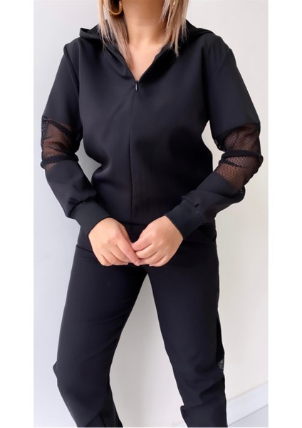 File Detaylı Kapüşonlu Eşofman Takımı Siyah indirimleri