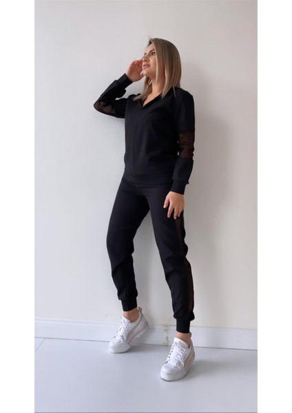 File Detaylı Kapüşonlu Eşofman Takımı Siyah