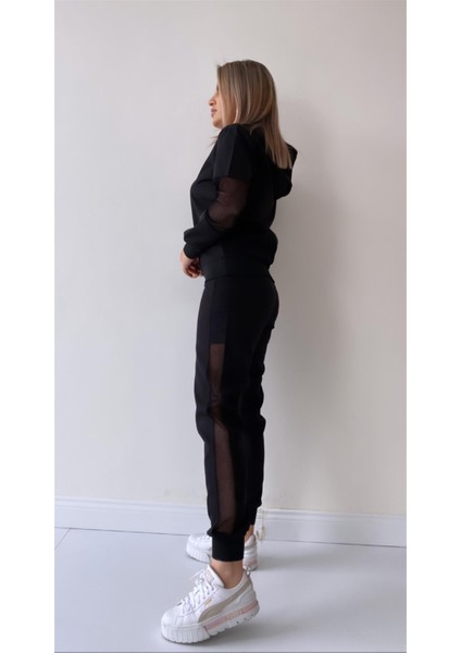 File Detaylı Kapüşonlu Eşofman Takımı Siyah