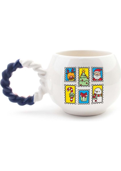 Yılbaşı Kartpostal Tasarımlı El Yapımı Krem Parlak Baloncuk Fincan - Hediyelik Seramik Fincan