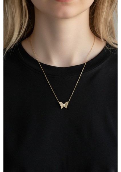 Kelebek Figürlü Zirkon Taşlı 14 Ayar Altın Kolye fiyatları