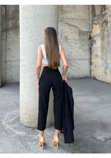 Pensli Yüksek Bel Kumaş Pantolon Siyah