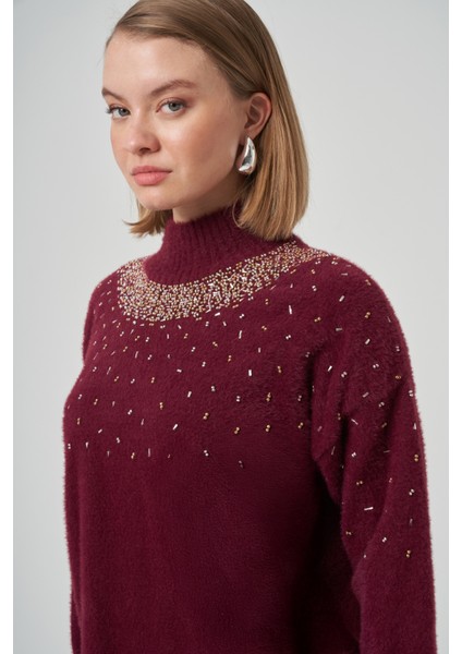 Boncuk Işlemeli Angora Kazak 7003 Bordo