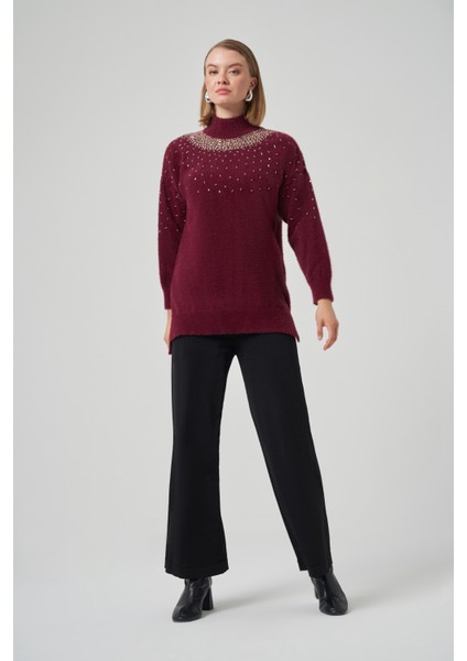 Boncuk Işlemeli Angora Kazak 7003 Bordo fırsatları