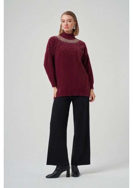 Boncuk Işlemeli Angora Kazak 7003 Bordo indirimleri