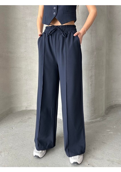 Beli Lastikli Polyviskon Pantolon Lacivert modelleri