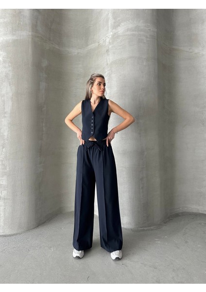 Beli Lastikli Polyviskon Pantolon Lacivert