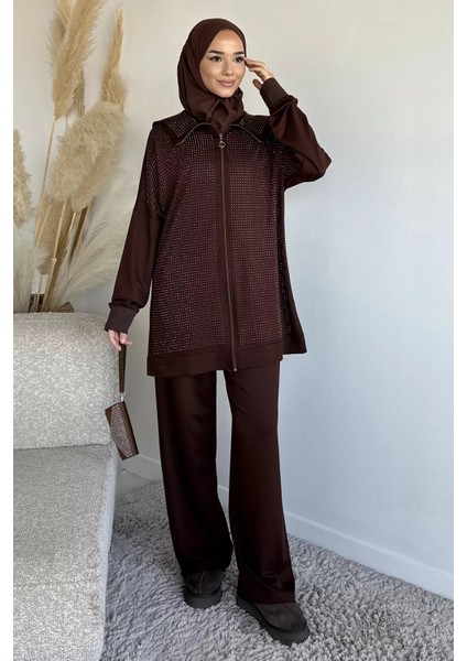 Ön Boydan Fermuarlı Taş Işlemeli Tunik Bel Lastikli Pantolon Tesettür Ikili Takım P-00019392