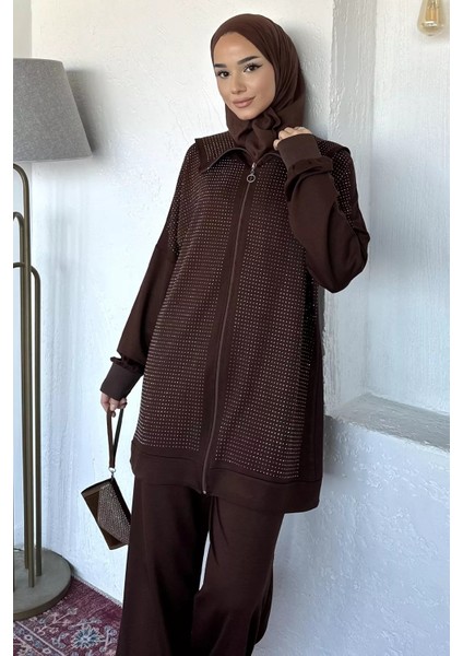 Ön Boydan Fermuarlı Taş Işlemeli Tunik Bel Lastikli Pantolon Tesettür Ikili Takım P-00019392 fiyatları