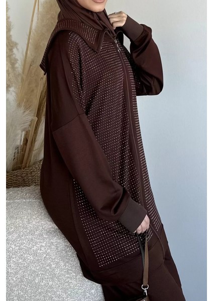 Ön Boydan Fermuarlı Taş Işlemeli Tunik Bel Lastikli Pantolon Tesettür Ikili Takım P-00019392 modelleri