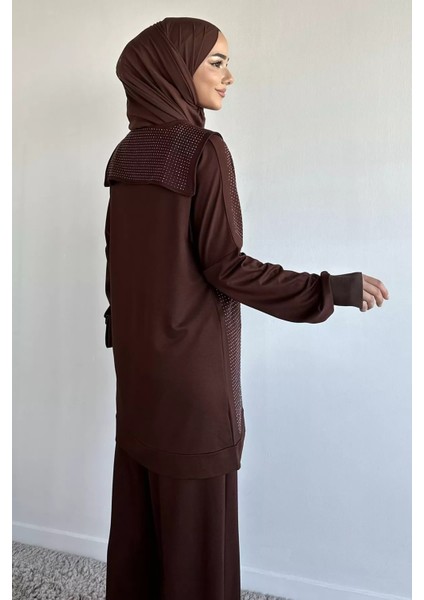 Ön Boydan Fermuarlı Taş Işlemeli Tunik Bel Lastikli Pantolon Tesettür Ikili Takım P-00019392 fırsatları