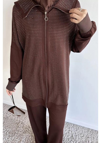 Ön Boydan Fermuarlı Taş Işlemeli Tunik Bel Lastikli Pantolon Tesettür Ikili Takım P-00019392 indirimleri