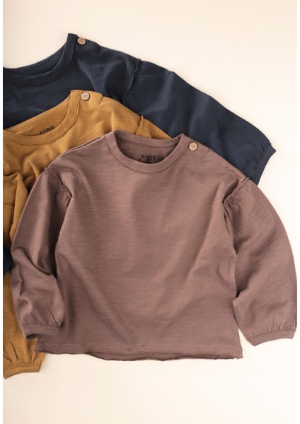 Fırçalı Rustik Uzun Kollu T-Shırt 1-7 Yaş Vizon