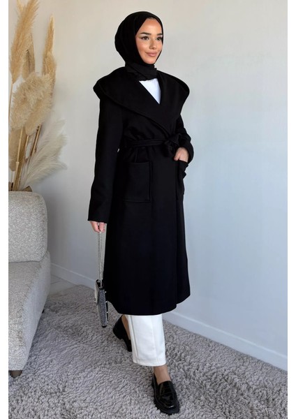 Bel Kuşaklı Iç Astarlı Kapüşonlu Tesettür Kaban P-00019495