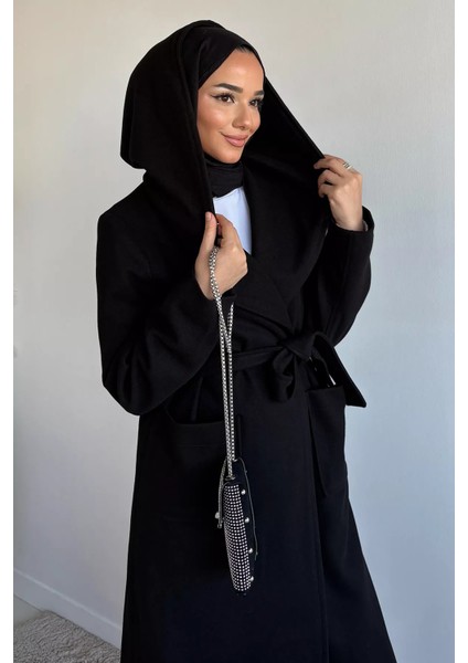 Bel Kuşaklı Iç Astarlı Kapüşonlu Tesettür Kaban P-00019495 fiyatları