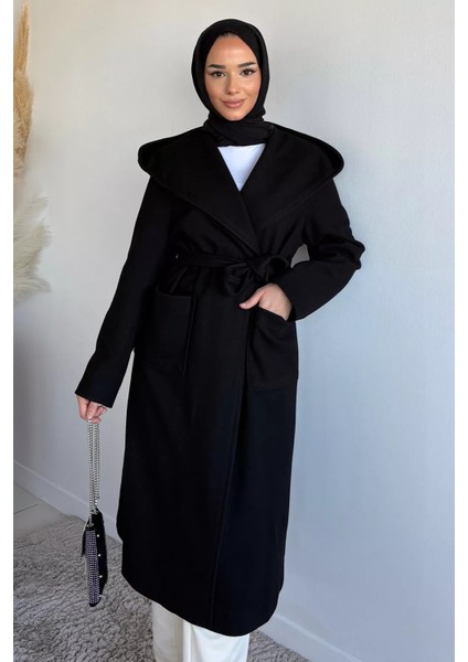 Bel Kuşaklı Iç Astarlı Kapüşonlu Tesettür Kaban P-00019495 modelleri