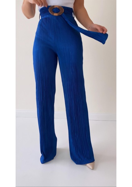 Piliseli Kemerli Şık Dökümlü Pantolon Mavi indirimleri