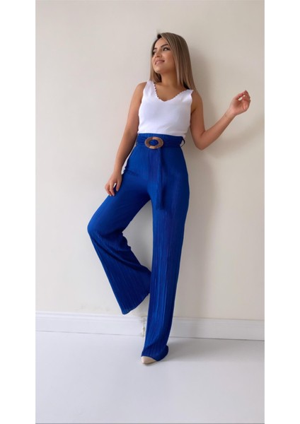 Piliseli Kemerli Şık Dökümlü Pantolon Mavi