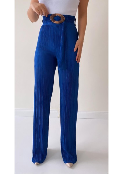 Piliseli Kemerli Şık Dökümlü Pantolon Mavi