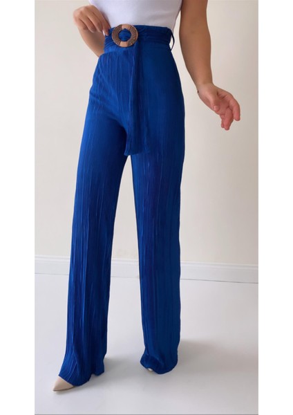 Piliseli Kemerli Şık Dökümlü Pantolon Mavi