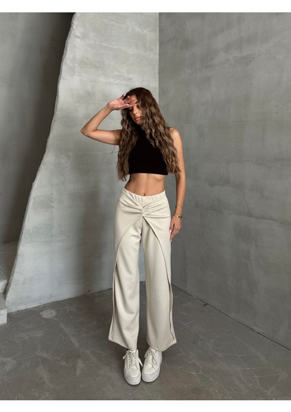 Bel Detaylı Salaş Pantolon Taş