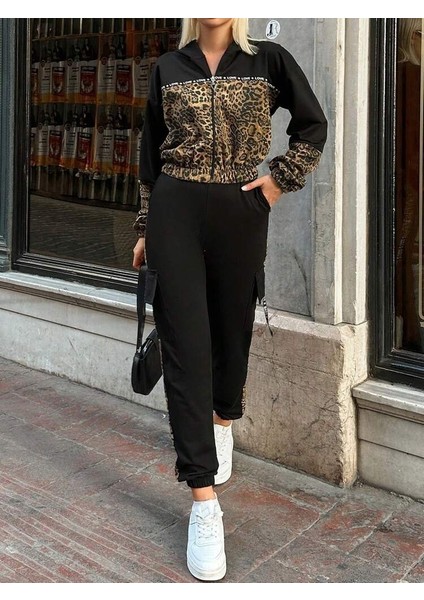 Kadın Uzun Kollu Kapşonlu Leopar Desenli Viskon Iki Iplik Bluz ve Pantolon Ikili Takım fiyatları