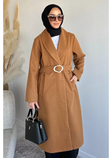 Bel Kuşaklı Gold Toka Detaylı Tesettür Kaşe Kaban P-00019460 fiyatları