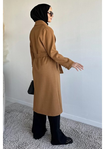 Bel Kuşaklı Gold Toka Detaylı Tesettür Kaşe Kaban P-00019460 modelleri