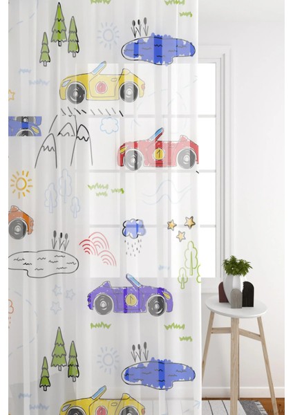 Tül Perde Renkli Yarış Arabaları Çocuk Odası Tül Perde Seyrek Pile (1x2) modelleri