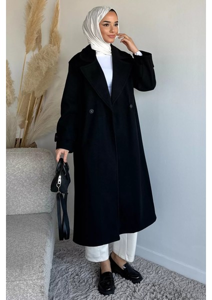 Kruvaze Yaka Çift Cepli Tesettür Kaşe Kaban P-00019463