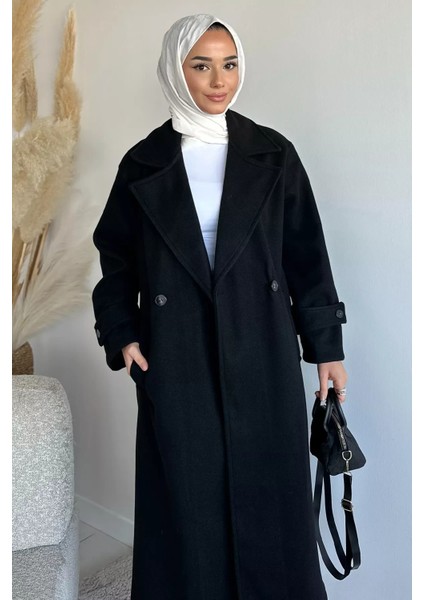 Kruvaze Yaka Çift Cepli Tesettür Kaşe Kaban P-00019463 fırsatları