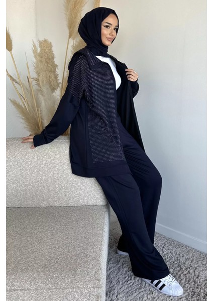 Ön Boydan Fermuarlı Taş Işlemeli Tunik Bel Lastikli Pantolon Tesettür Ikili Takım P-00019392