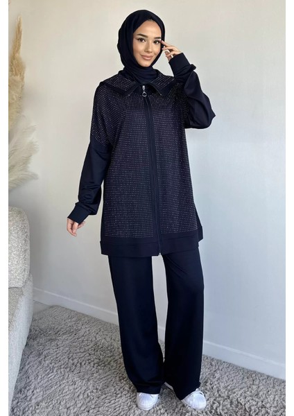 Ön Boydan Fermuarlı Taş Işlemeli Tunik Bel Lastikli Pantolon Tesettür Ikili Takım P-00019392 fiyatları