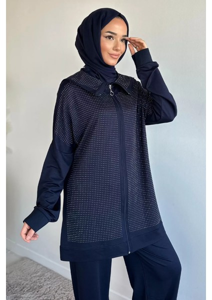 Ön Boydan Fermuarlı Taş Işlemeli Tunik Bel Lastikli Pantolon Tesettür Ikili Takım P-00019392 modelleri